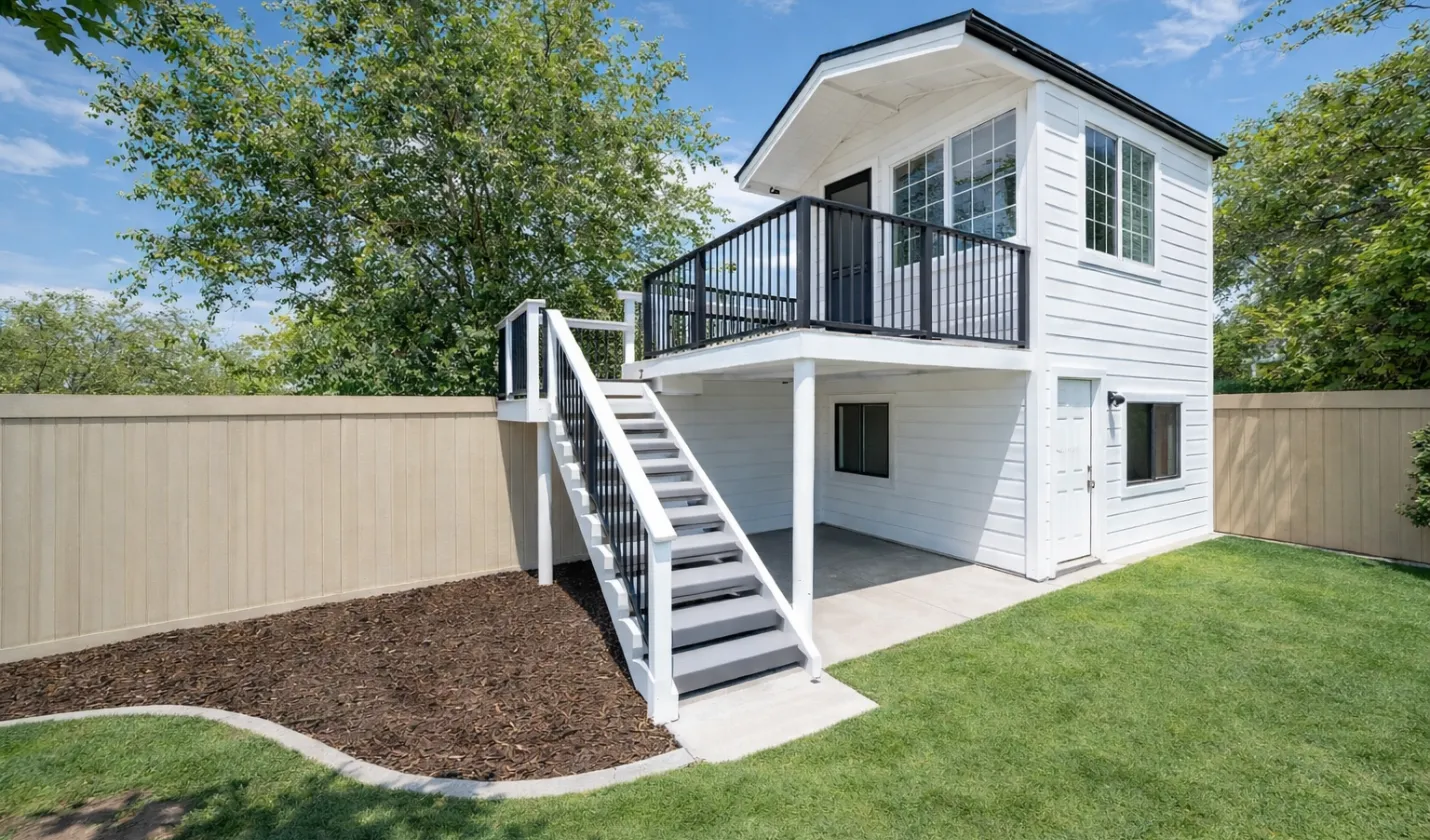 After ADU construction project showing completed two-story detached backyard ADU in Dallas, TX