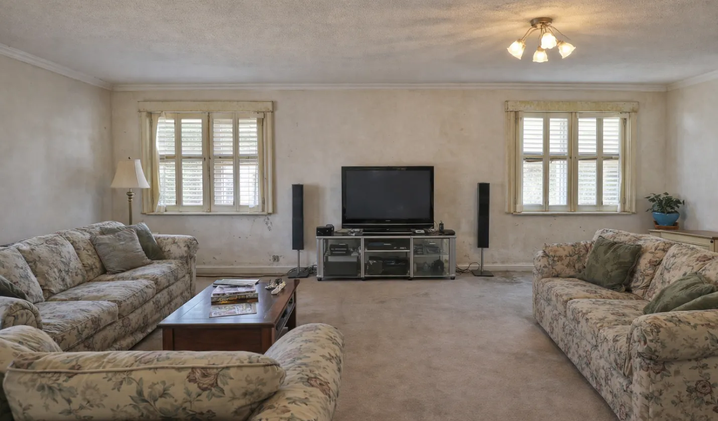 Before home remodeling showing outdated living room with worn carpet, older wallpaper, and dated finishes in Dallas TX